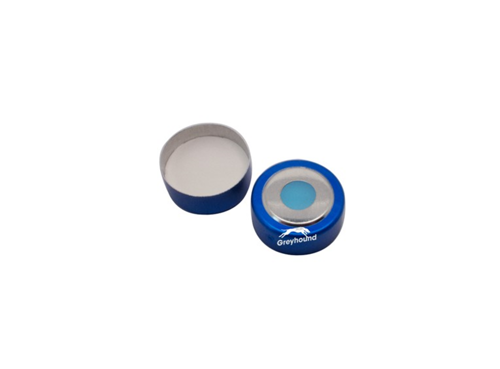 Picture of UltraClean 20mm Bi-Metallic Crimp Cap, Blue, 8mm hole with Translucent Blue/White PTFE Septa, 3mm, (Shore A 45)